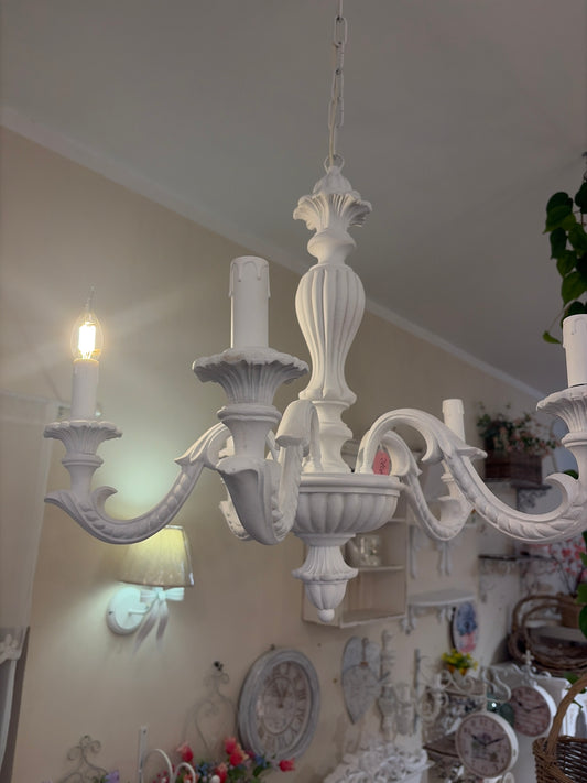 Lampadario 5 luci in legno diametro 60 nel colore bianco opaco