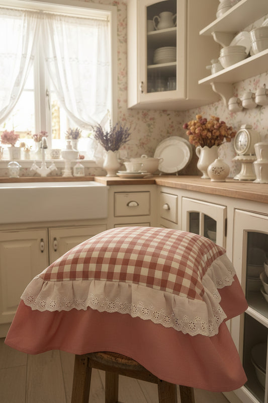6 Cuscini ,sedia in cotone sfoderabili, quadrettino, rosa antico, con balza in pizzo, Sangallo misura 45 × 45, la balza 18 cm
