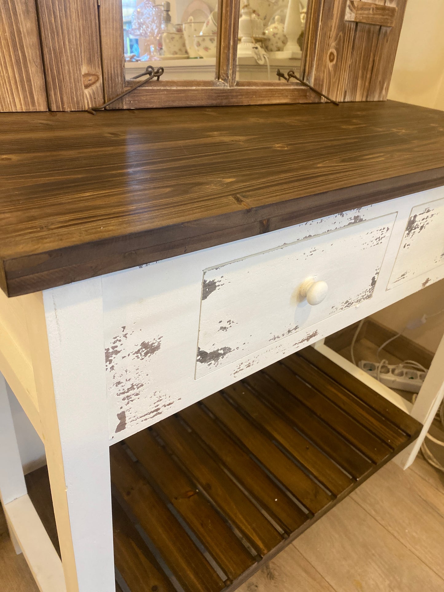 Consolle in legno con 2 cassetti finitura bianco shabbato