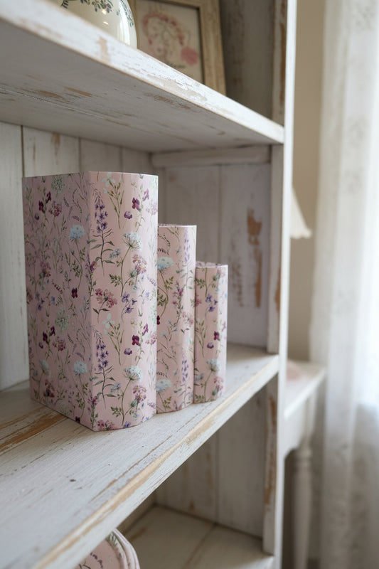 Set di tre scatole, libro contenitori ideali per depositare chiavi, telecomandi o porta oggetti misura 19x 15,￼ 15x12, 12x 9 colore rosa ￼￼