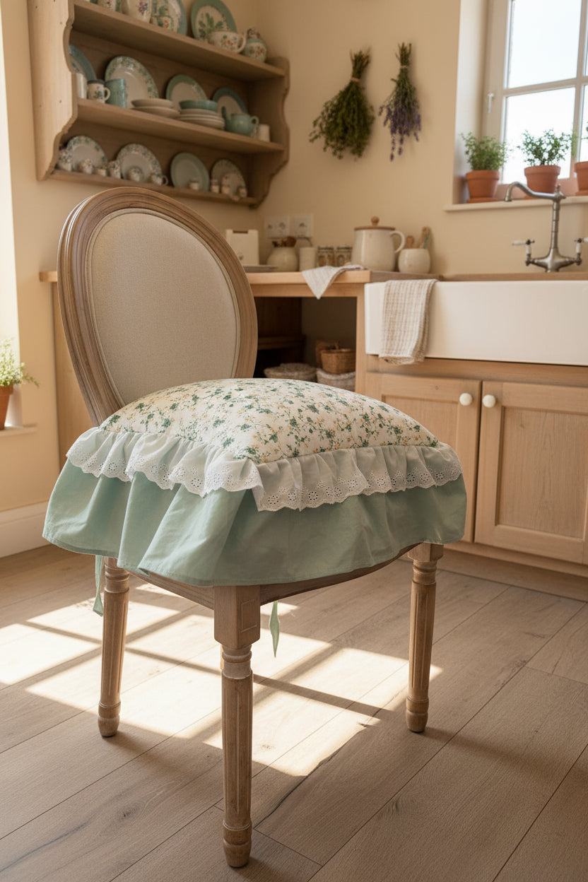 Cuscino, sedia sartoriale, misura 45X 45+ 18 la balza 100% cotone fantasia floreale con la prima valzer in pizza Sangallo la seconda balza tinta unita verde salvia sono sfoderabili