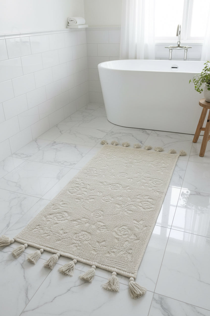 Nuvole di Stoffa Tappeto da bagno in cotone beige con frange 70x120 cm