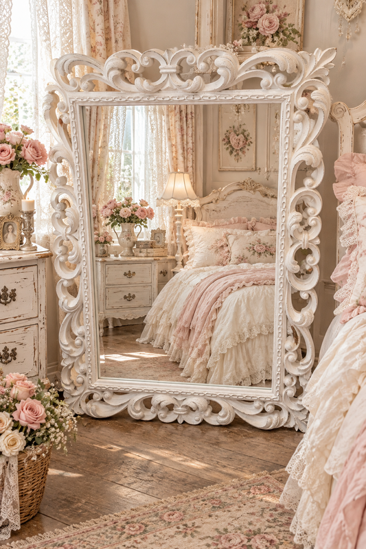 SPECCHIO CON CORNICE INTAGLIATA MODELLO FRANZESE IN RESINA COLORE BIANCO, EFFETTO DE CAPATA MISURA 105 × 85, L’ARTE DI NACCHI