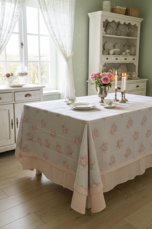 Tovaglia Charlotte Atelier 17 in cotone con boccioli di rosa, colore celeste, polvere misura 160 x 220