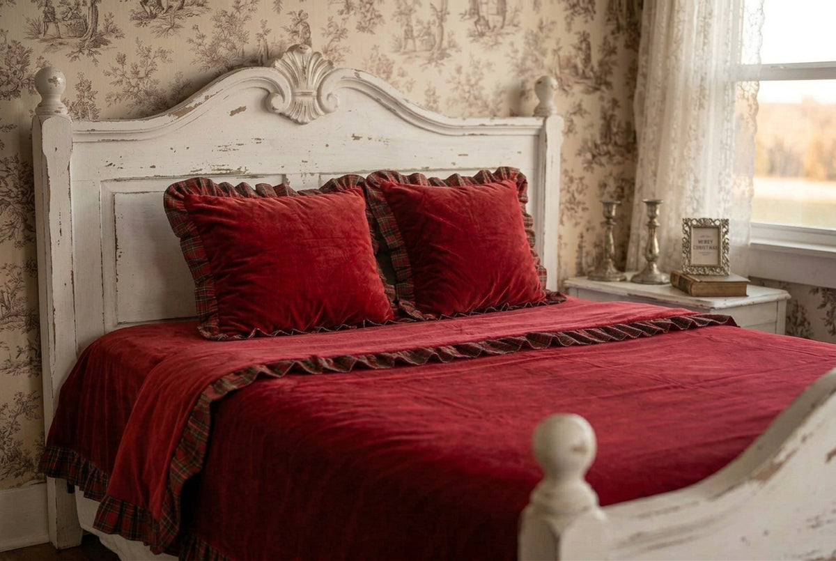 COPRILETTO IN VELLUTO ROSSO CON BALZA TARTAN COMPLETO DI COPRI GUANCIALI MISURA DUE 60 × 2 60 FEDERA CUSCINO MISURA 60 × 90 ￼