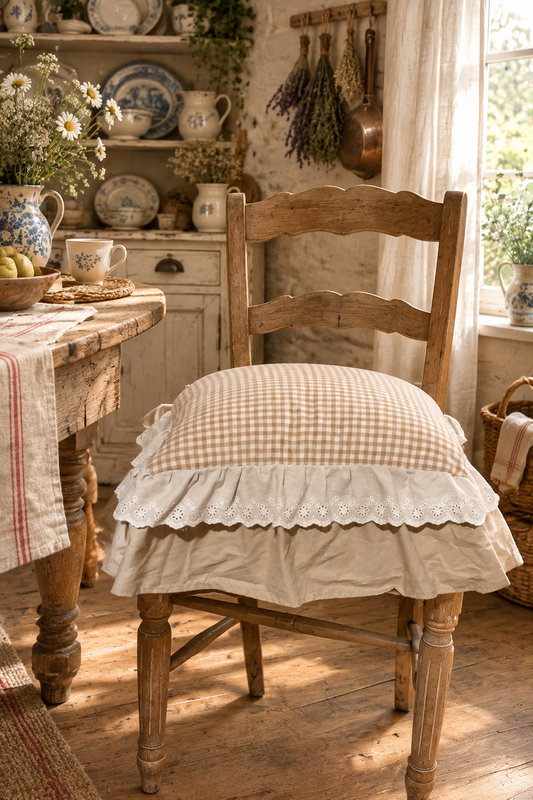 6 CUSCINI SARTORIALE IN 100% COTONE CON IL QUADRETTINO TORTORA E BEIGE LA PRIMA BALZA IN PIZZA SANGALLO LA SECONDA BALZA NEL COLORE BASE MISURA 45 × 45+18. Balza