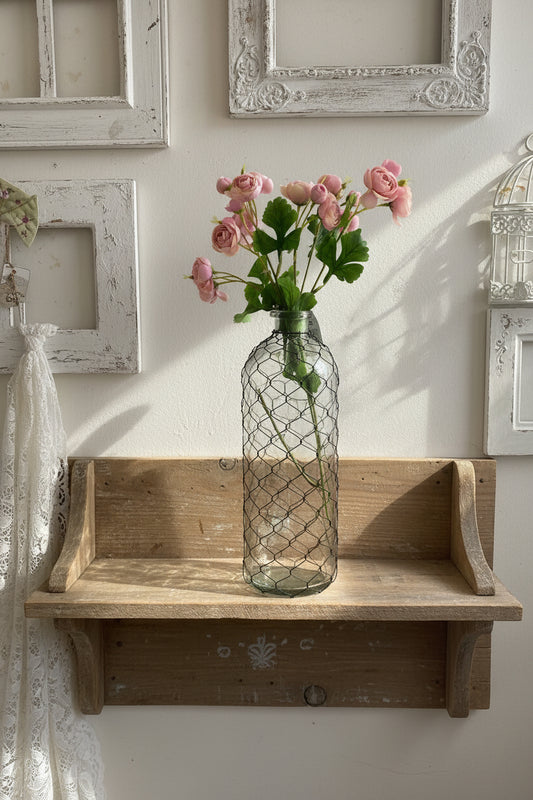Bottiglia vaso in vetro con fiori rivestimento rete da coniglio, misura 35 h￼