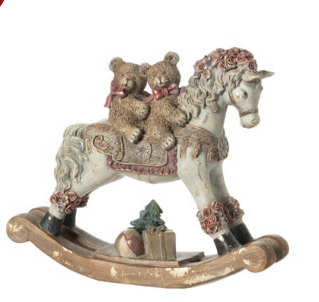 CAVALLO A DONDOLO IN RESINA CON COPPIETTA DI TEDDY MISURA 22x6x22