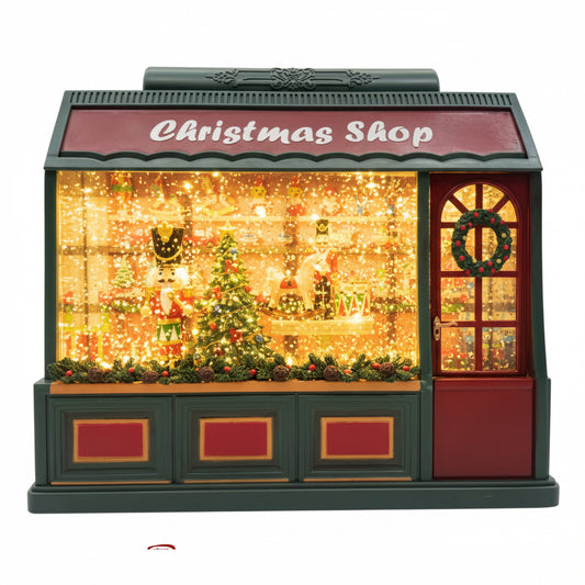 Cristmas shop misura 54x24x36 in resina con luci e musica , va sia a batterie che con cavetto