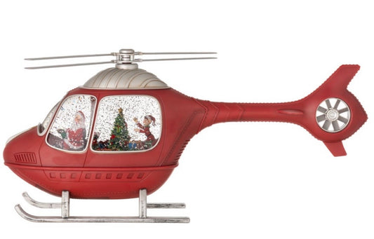 Decoro elicottero di Babbo Natale che porta i doni in resina misura 47x 11x 22 con musica e luci funziona sia con le pile che con il suo cavetto