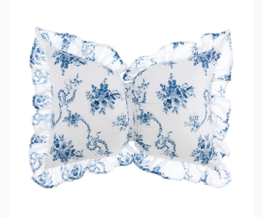 CUSCINO ROMANTICO, BLANC MARICLO’ in velluto con fantasia floreale azzurro polvere misura 35 × 50 ￼