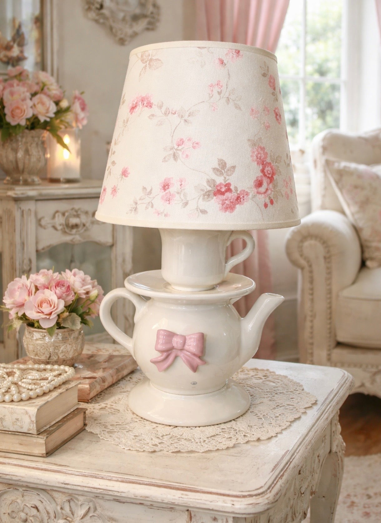 Lampada teiera in ceramica con fiocco