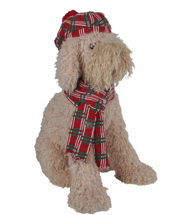 Golden Doodle Natalizio con Cappello e Sciarpa Tartan H.48 cm