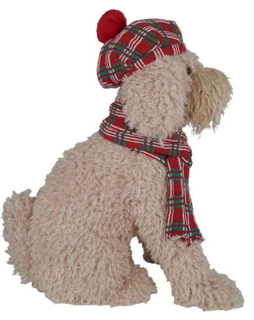 Golden Doodle Natalizio con Cappello e Sciarpa Tartan H.48 cm