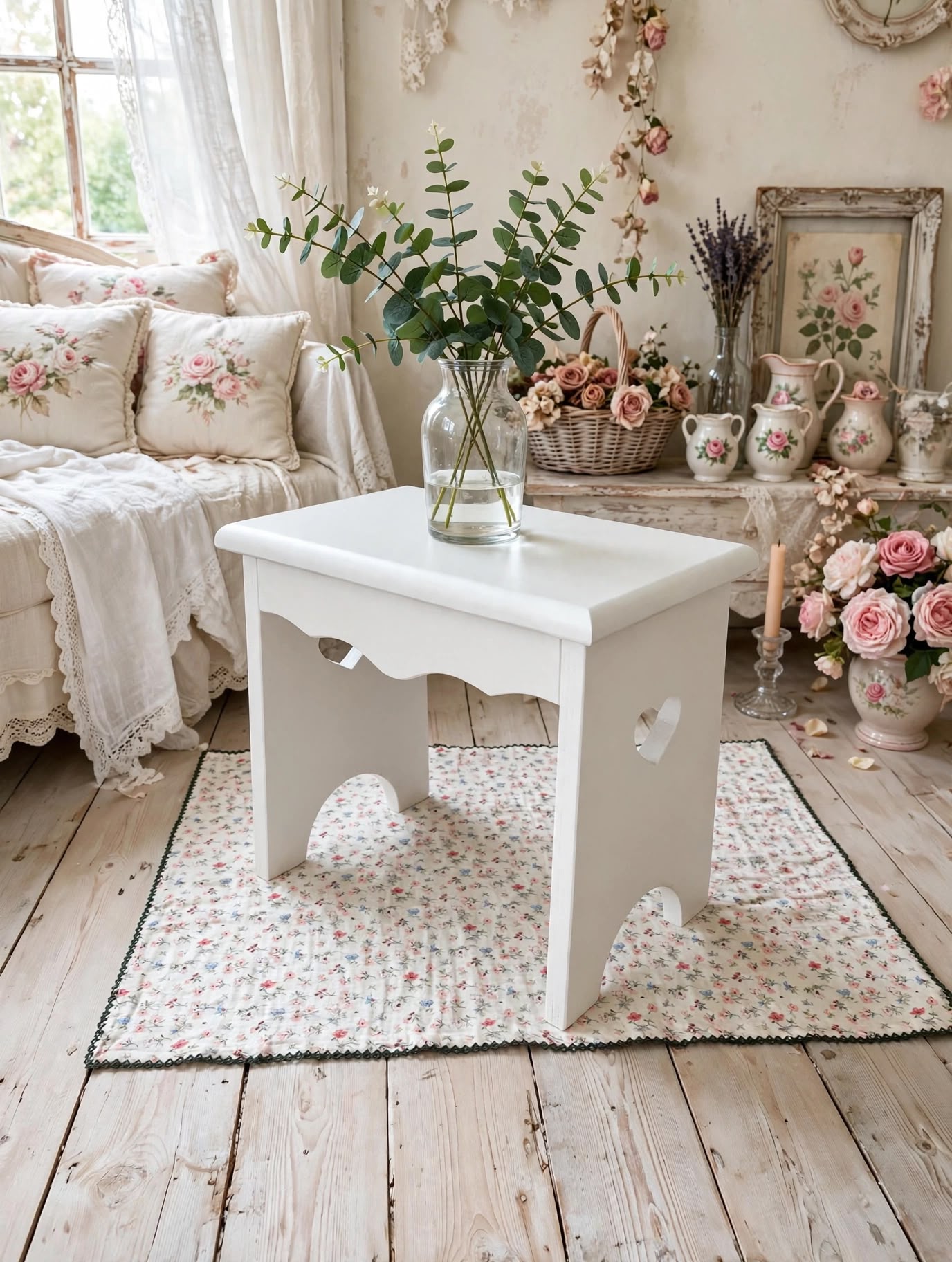 SGABELLINO SHABBY IN LEGNO CON CUORE CASA DA SOGNO