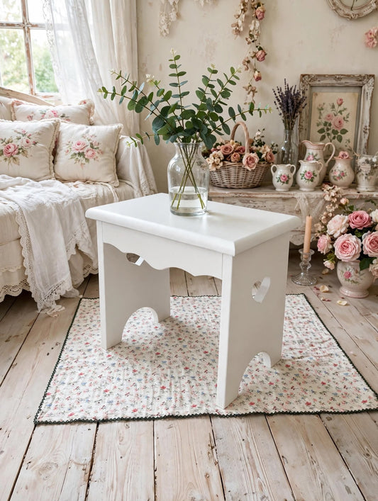 SGABELLINO SHABBY IN LEGNO CON CUORE CASA DA SOGNO