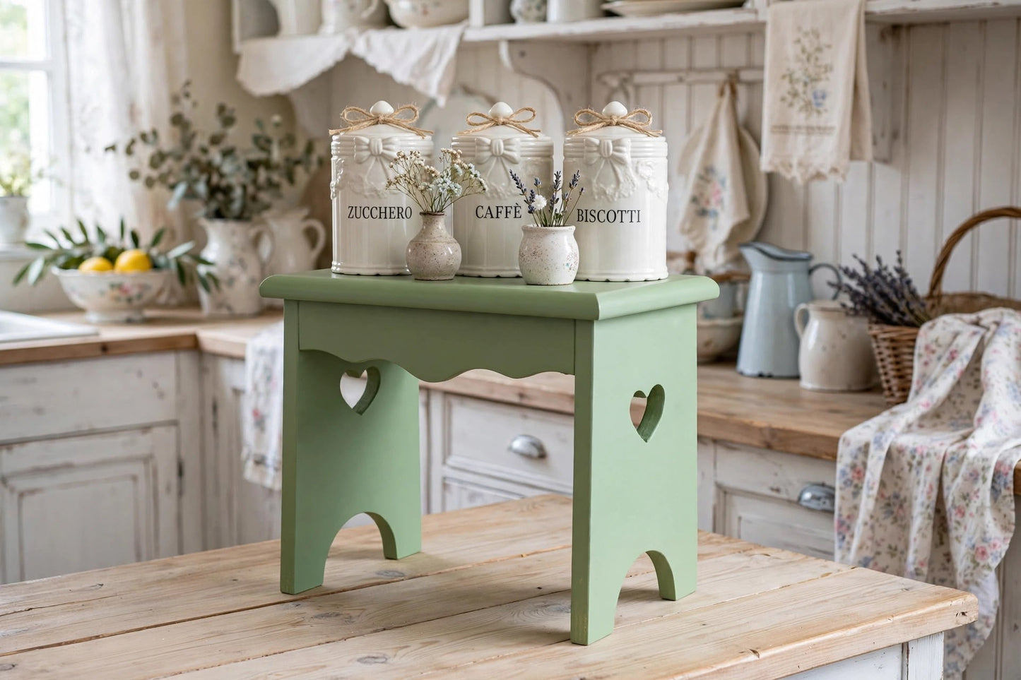 SGABELLINO SHABBY IN LEGNO CON CUORE CASA DA SOGNO