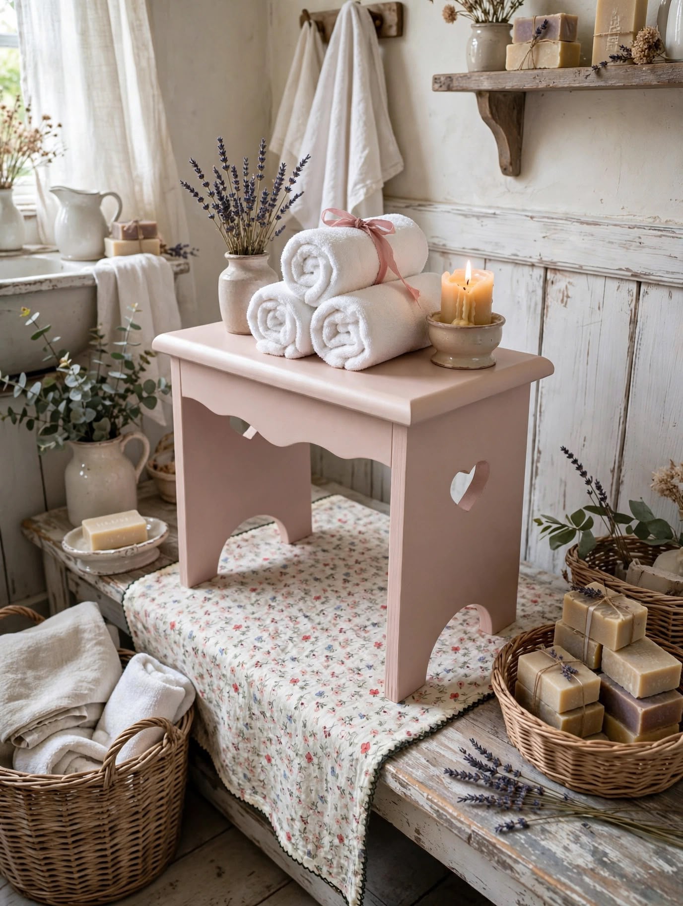 SGABELLINO SHABBY IN LEGNO CON CUORE CASA DA SOGNO
