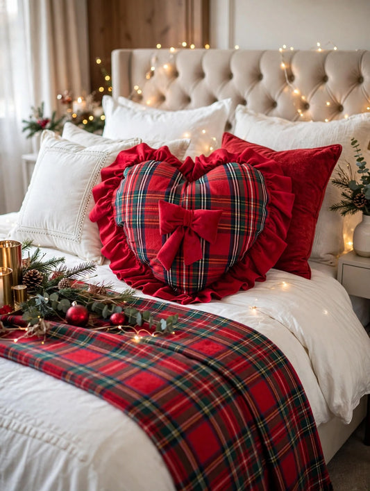 Cuscino cuore sfoderabili misura 45x45+10 la balza tessuto tartan con balza in velluto 1