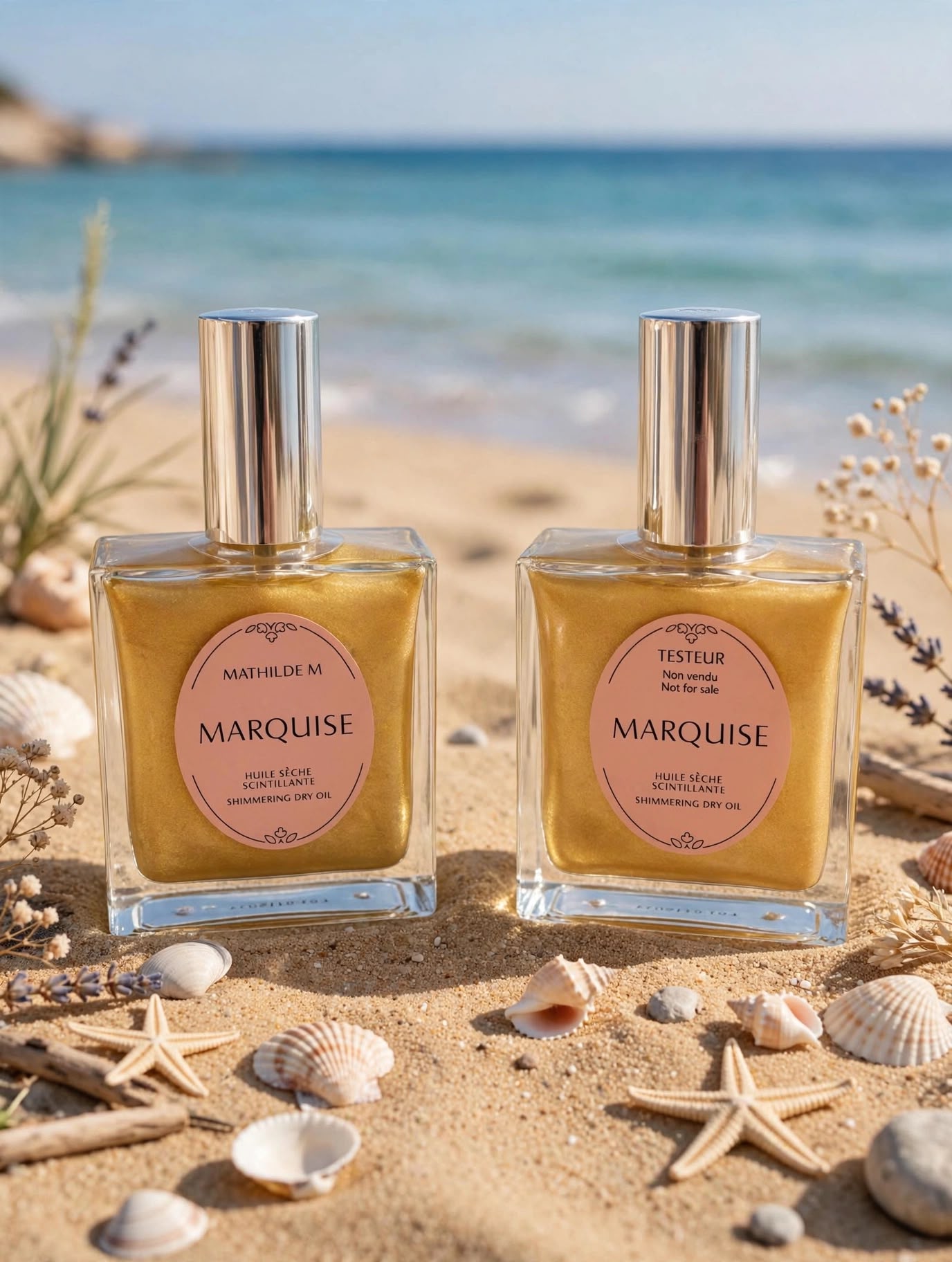 L'oro scintillante dell'olio secco sta benissimo con la sabbia dorata, le conchiglie e il mare cristallino sullo sfondo - perfetto per evocare quell'effetto pelle luminosa da vacanza al mare.