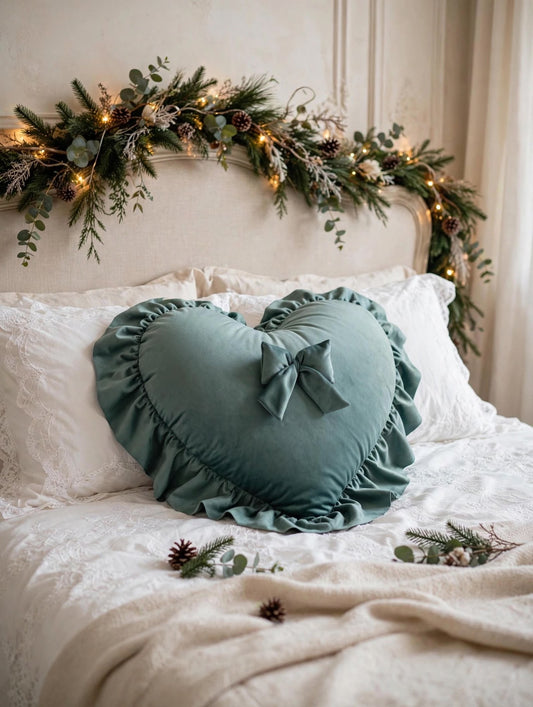 CUSCINO CUORE IN VELLUTO 65X65 CON BALZA  COLORE VERDE BOSCO