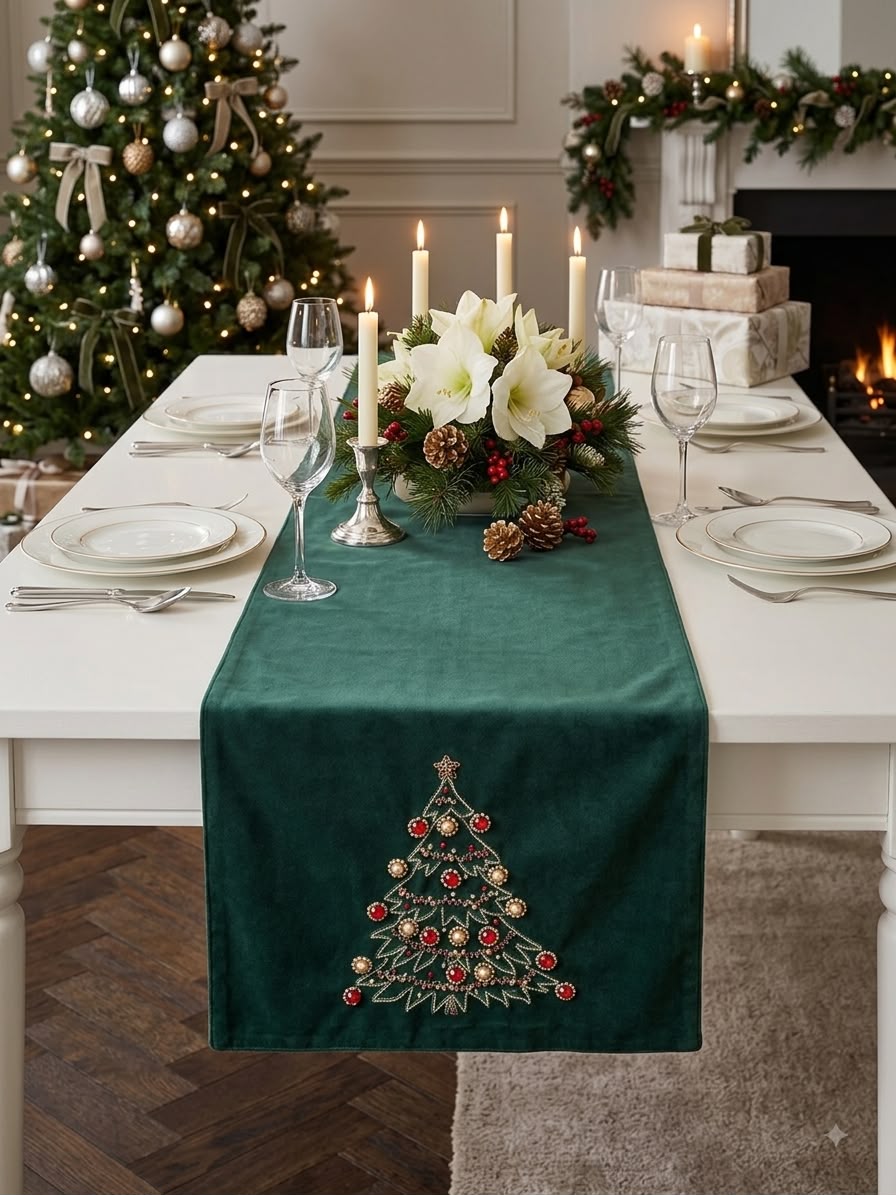 RANNER NATALIZIO 160X40 IN VELLUTO VERDE BOSCO CON DECORAZIONE NATALIZIA