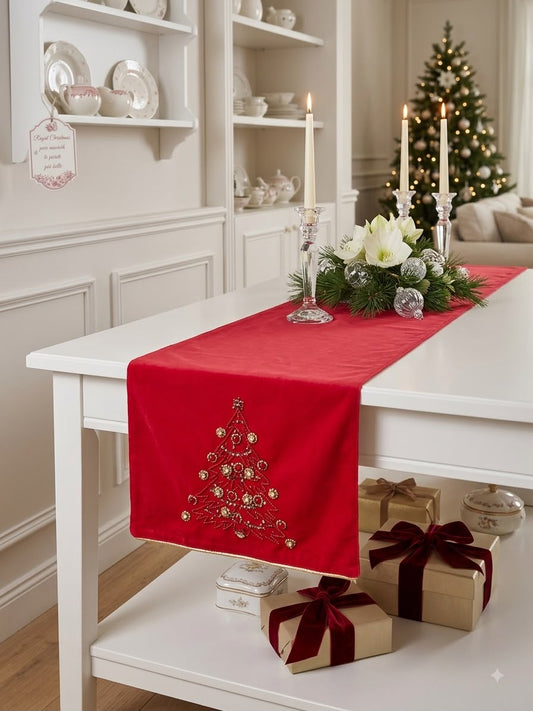 RANNER NATALIZIO 160X40 DI COLORE ROSSO CON DECORAZIONE NATALIZIA