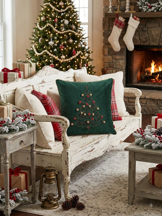CUSCINO NATALIZIO CON  RICAMO ALBERO  CLODETTE VERDE  45X45