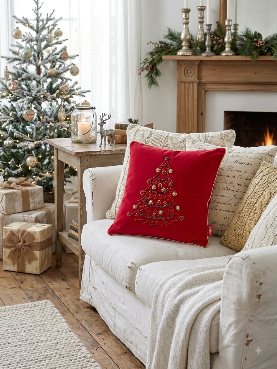 CUSCINO NATALIZIO CON RICAMO ALBERO ;CLODETTE ROSSO 45X45
