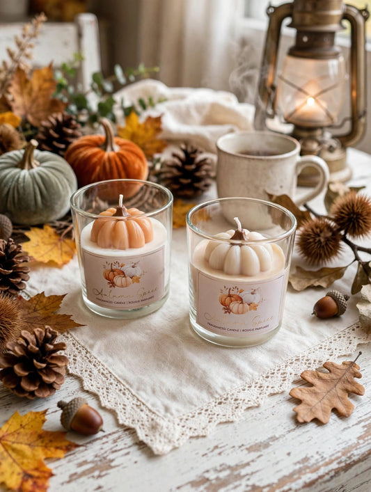 CANDELA CON ZUCCA ARANCIONE IN PURO STILE AUTUNNALE CON FROFUMAZIONE ALLA VANIGLIA