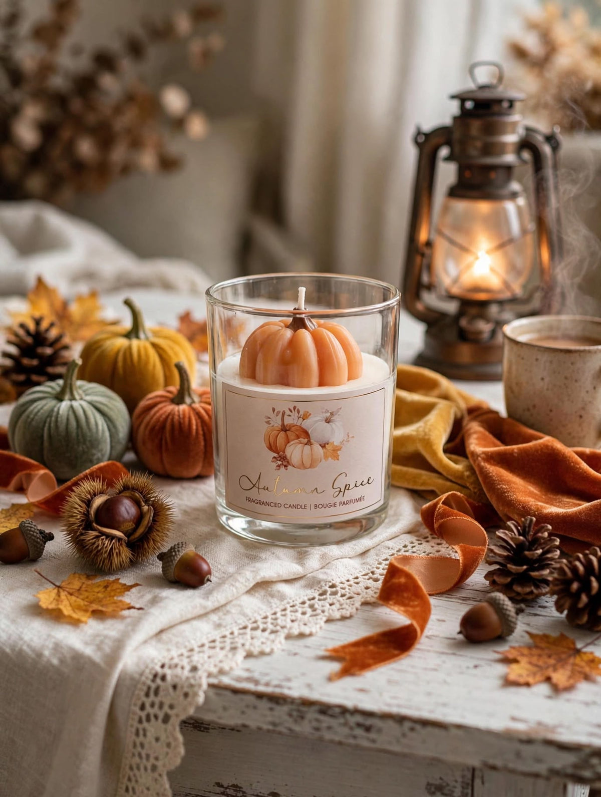 CANDELA CON ZUCCA ARANCIONE IN PURO STILE AUTUNNALE CON FROFUMAZIONE ALLA VANIGLIA