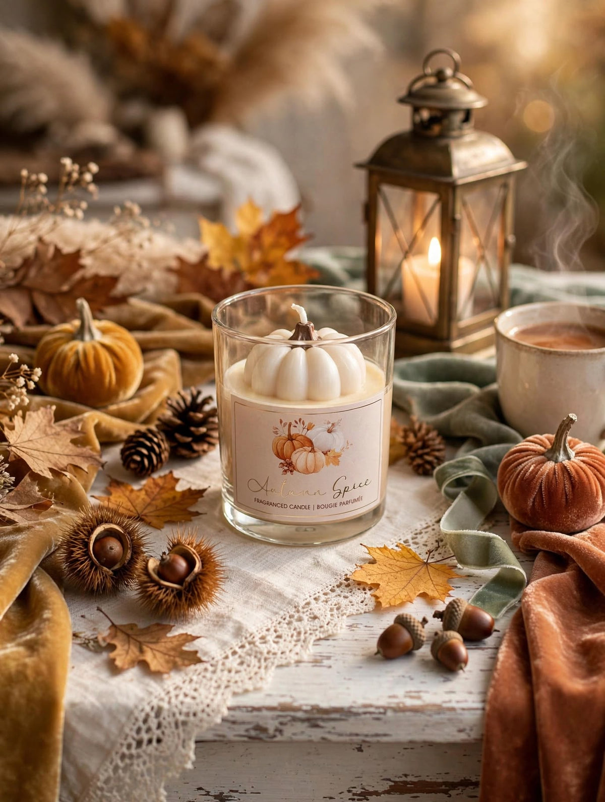 CANDELA CON ZUCCA  BEIGE IN PURO STILE AUTUNNALE CON FROFUMAZIONE ALLA VANIGLIA   ALTEZZA 8 CM DIAMETRO 7