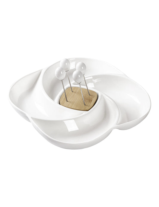 ANTIPASTIERA GIRELLA PORCELLANA E BAMBOO C/4 FORCH 51132