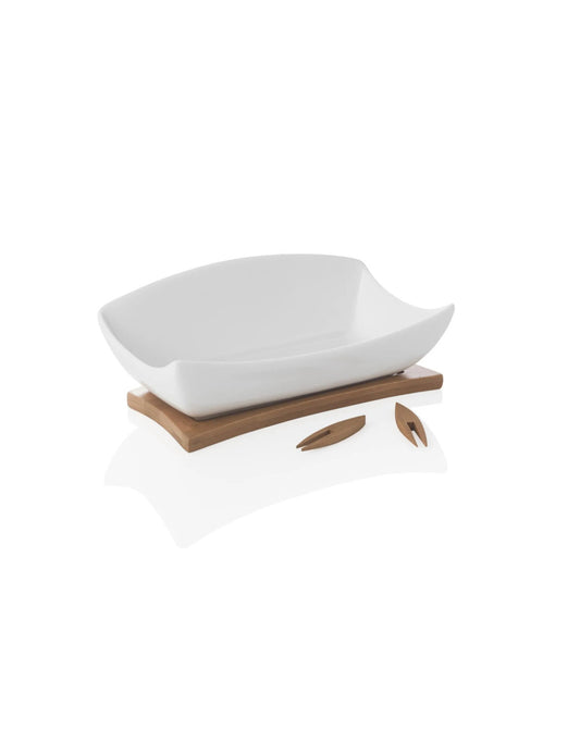ANTIPASTIERA RELAX PORCELLANA BIANCA C/SUPP E 3 FORCHETTINE IN BABBOO 54142