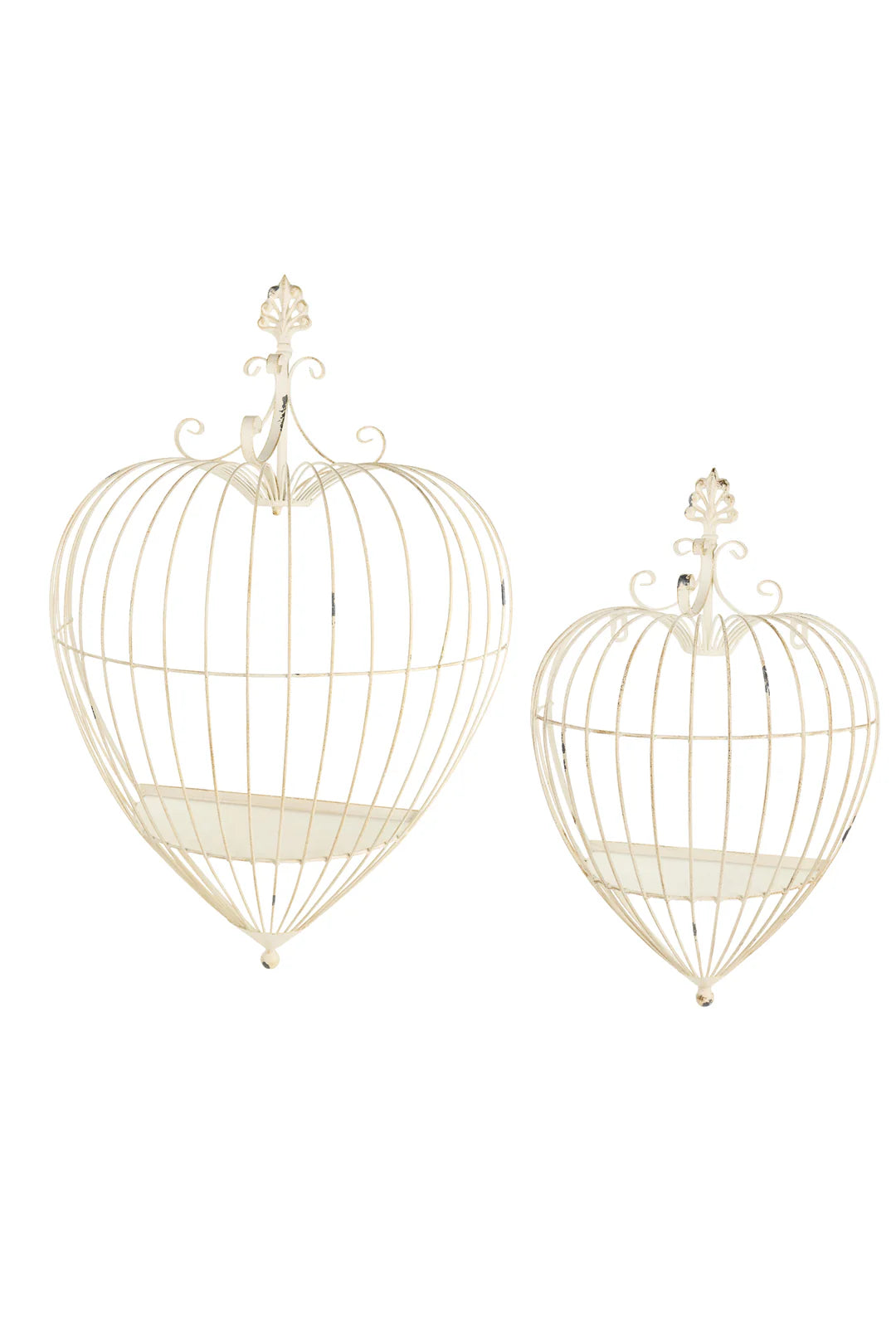Nuvole di Stoffa Set 2 Gabbie Cuore portafiori in metallo anticato crema da parete "Fiorirà" 48/72 cm