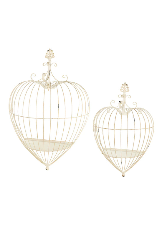 Nuvole di Stoffa Set 2 Gabbie Cuore portafiori in metallo anticato crema da parete "Fiorirà" 48/72 cm