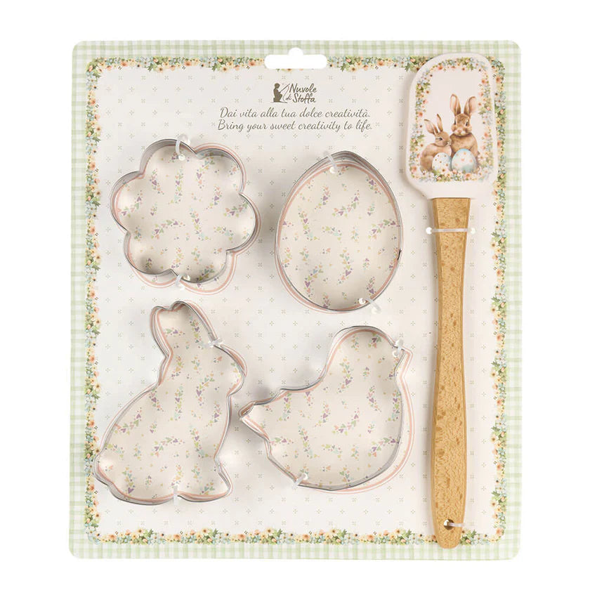 Nuvole di Stoffa Set 5 pezzi, 4 stampini di pasqua in acciaio + spatola "Rabbit PePen" H28/5-8 cm
