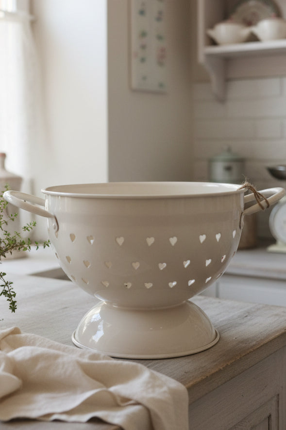 Scolapasta beige in metallo con cuori