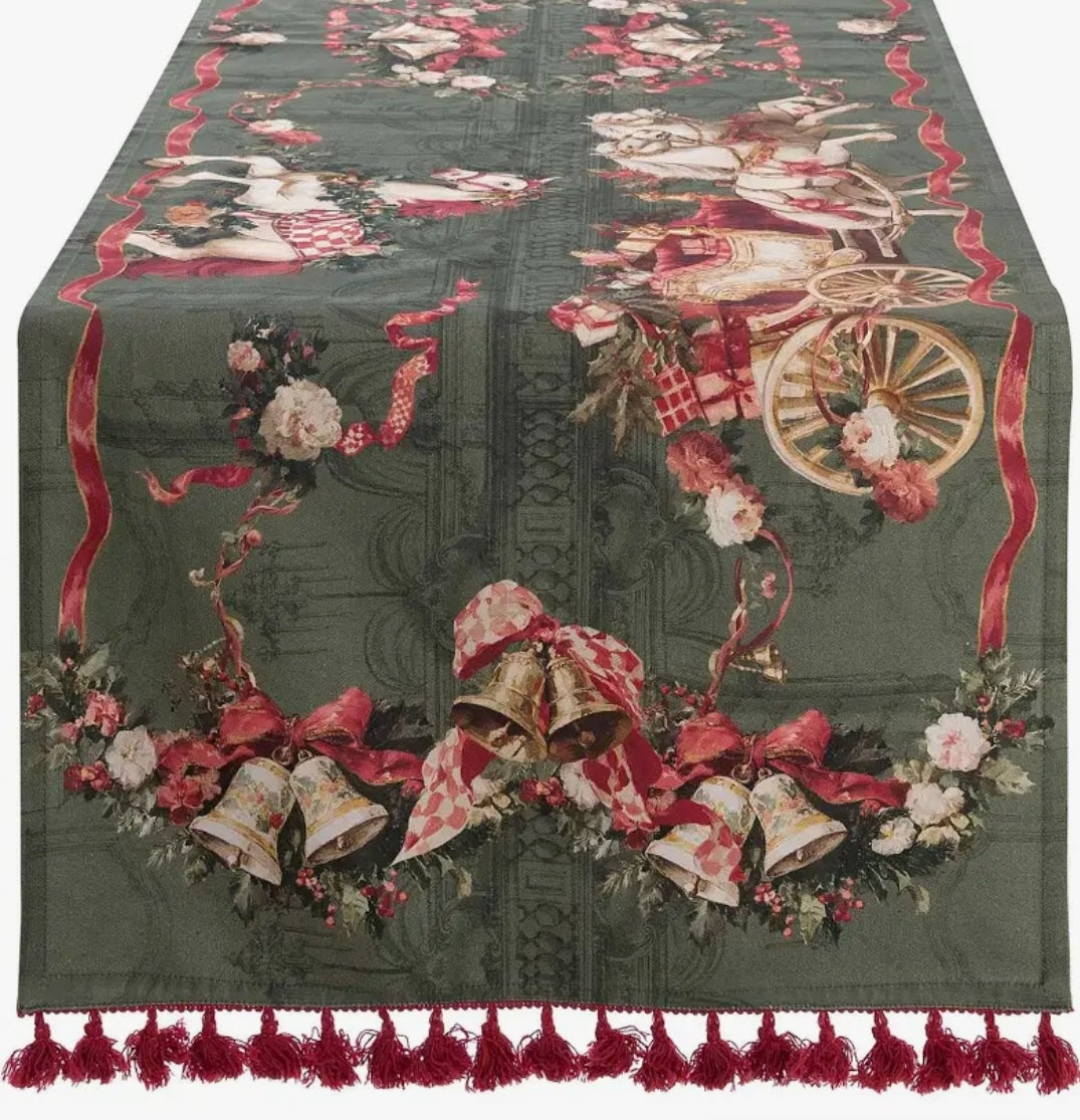 Blanc Mariclò Runner di natale in cotone "Calessi e Calessini" 50x180 cm VERDE