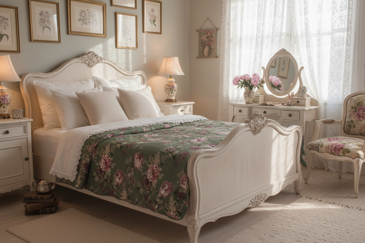 TRAPUNTA L'ATELIER GIADA VERDE CON DECORO FIORI E PIZZO SAN GALLO 180X60 SINGOLA CON FEDERA 50X80