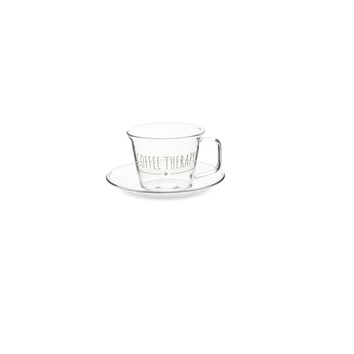 SET 2 TAZZINE CON PIATTINO SCRITTA COFFEE THERAPY IN BOROSILICATO NUVOLE DI STOFFA 130ML 9.3X7.5X5.8