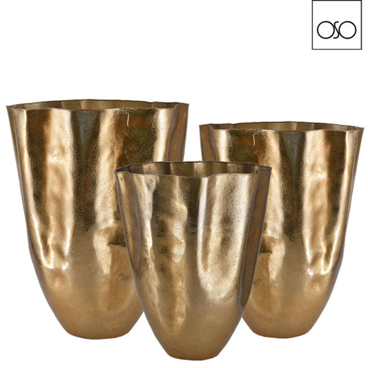 SET 3 VASI BASSI ONDULATI "BANGALORE" METALLO ORO 39,00x39,00 CM x H 27,00