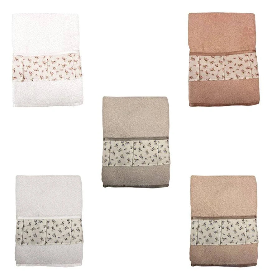 L'ATELIER 17 Set 2 asciugamani coppia spugna LAVINIA con balza a fiori 5 colori 8059427525889