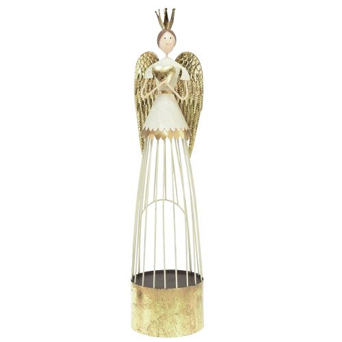 Decorazione da tavolo figura di angelo in metallo con cuore in oro bianco H54 cm
