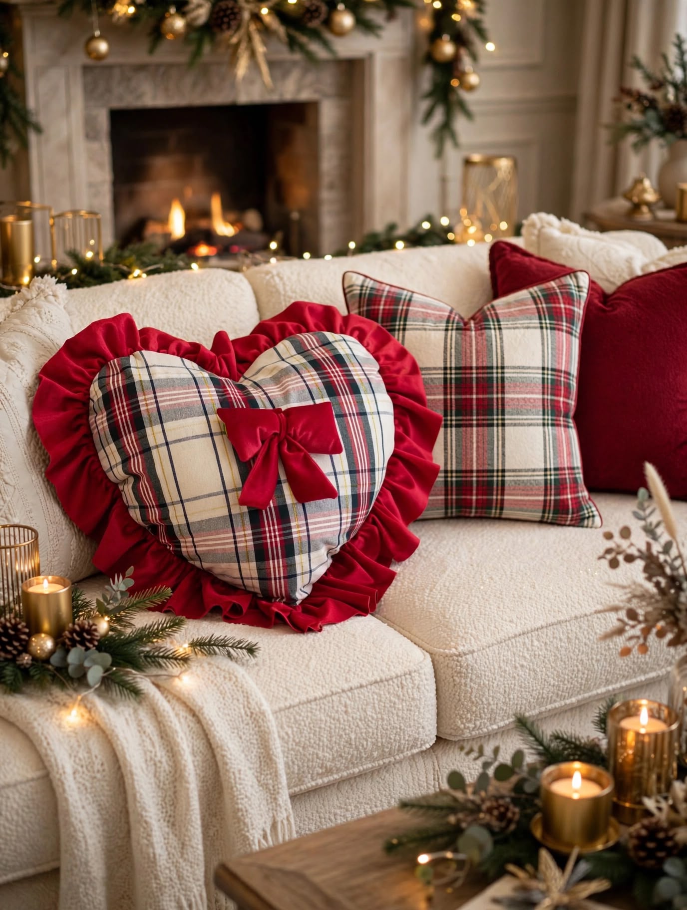 Cuscino cuore sfoderabili misura 45x45+10 la balza tessuto tartan CON IL BIANCO con balza in velluto