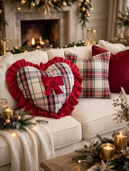 Cuscino cuore sfoderabili misura 45x45+10 la balza tessuto tartan CON IL BIANCO con balza in velluto